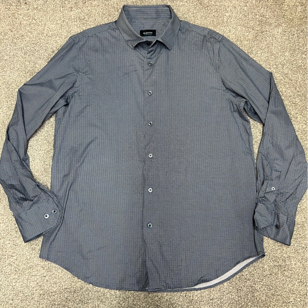 Bugatchi Shirt Mens Large Blue Geometric OoohCotton Tech Button Up Performance